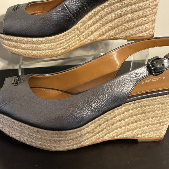Womens COACH Sz 6 Gray Metallic Platform Wedge Open Toe Shoes - Picture 5 of 6